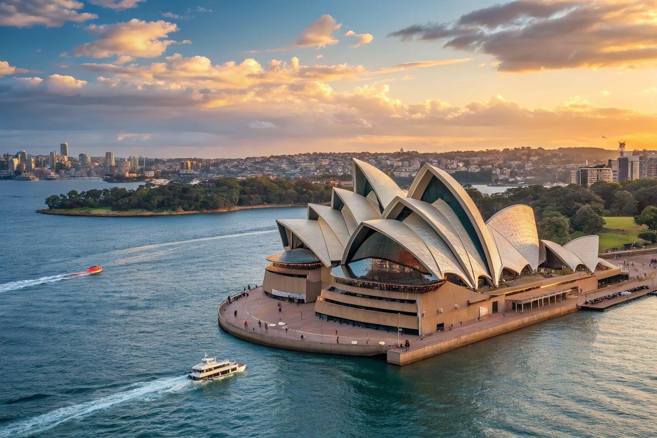 Sydney Harbour at sunset with the Opera House and city skyline